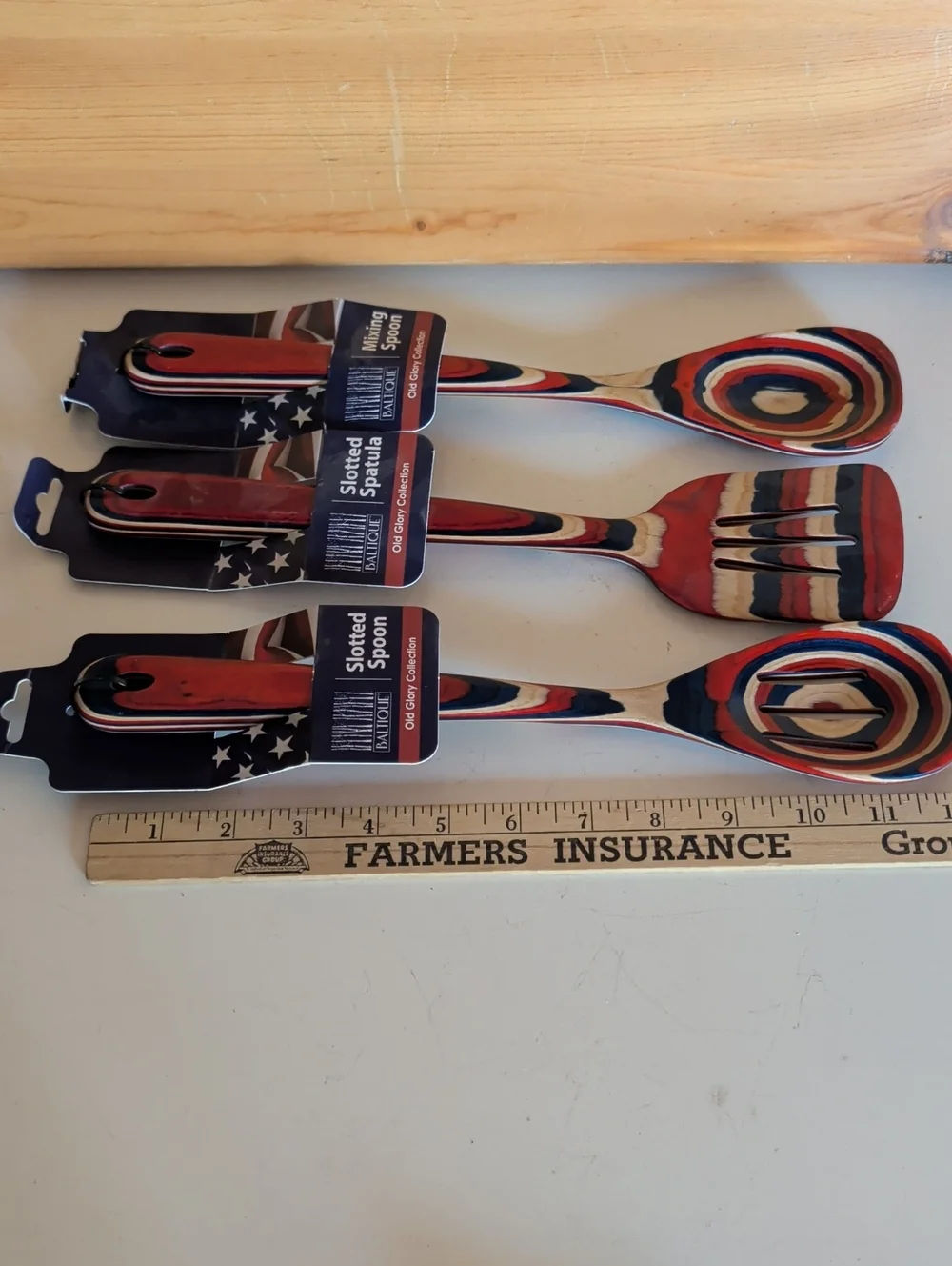NWT. Old Glory Collection Red Navy Striped Wooden Kitchen Utensils Set - 3pc